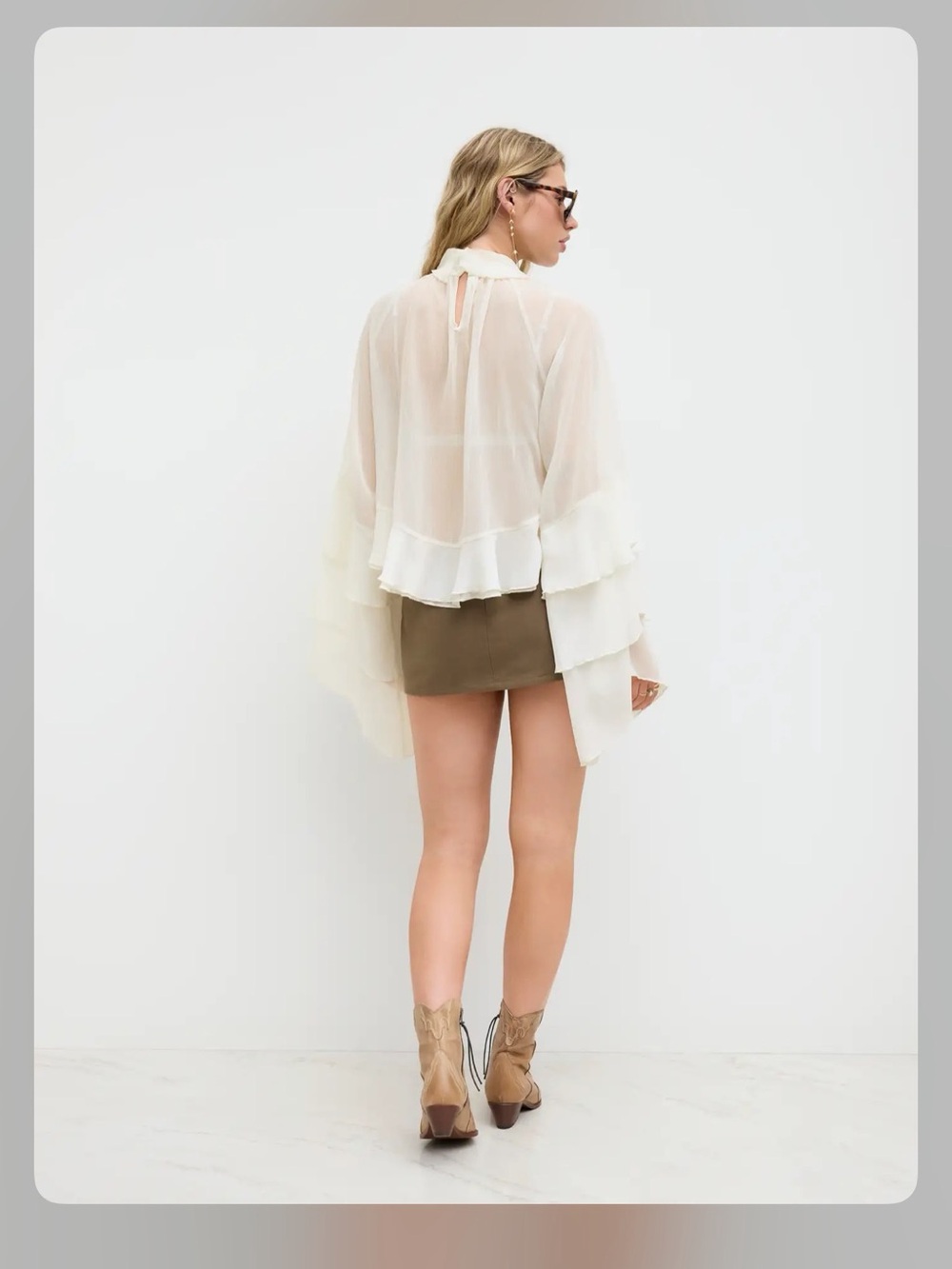 CHIFFON HIGH NECK RUFFLE DOLMAN SLEEVE SEE-THROUGH CROP BLOUSE L - Picture 3 of 8